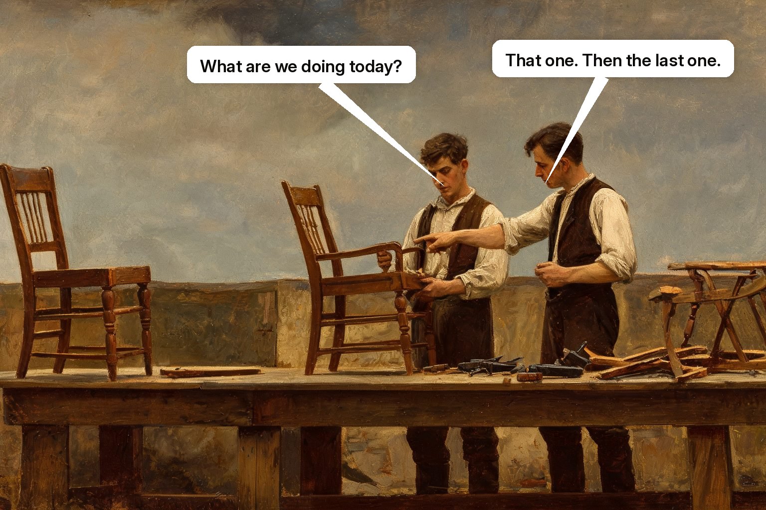 A user and assistant work through three ordered jobs, with one finished, one active, and one waiting next.
