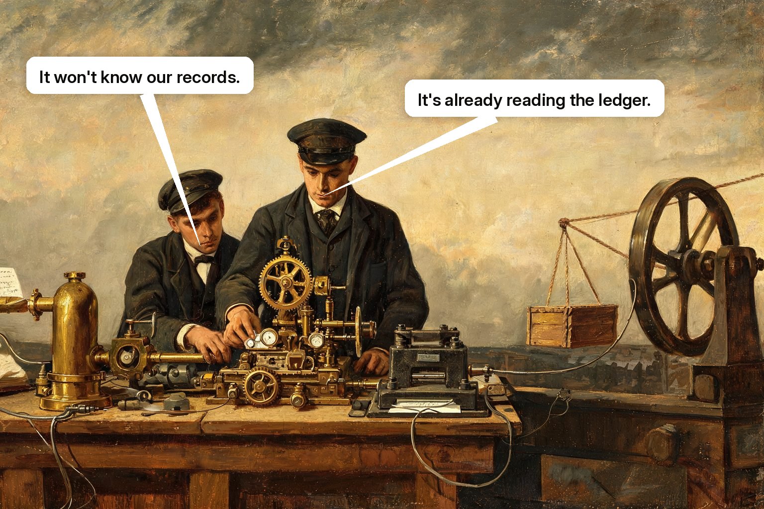 An engineer and assistant connect one central mechanism to a ledger, message tube, warehouse pulley, and order press.