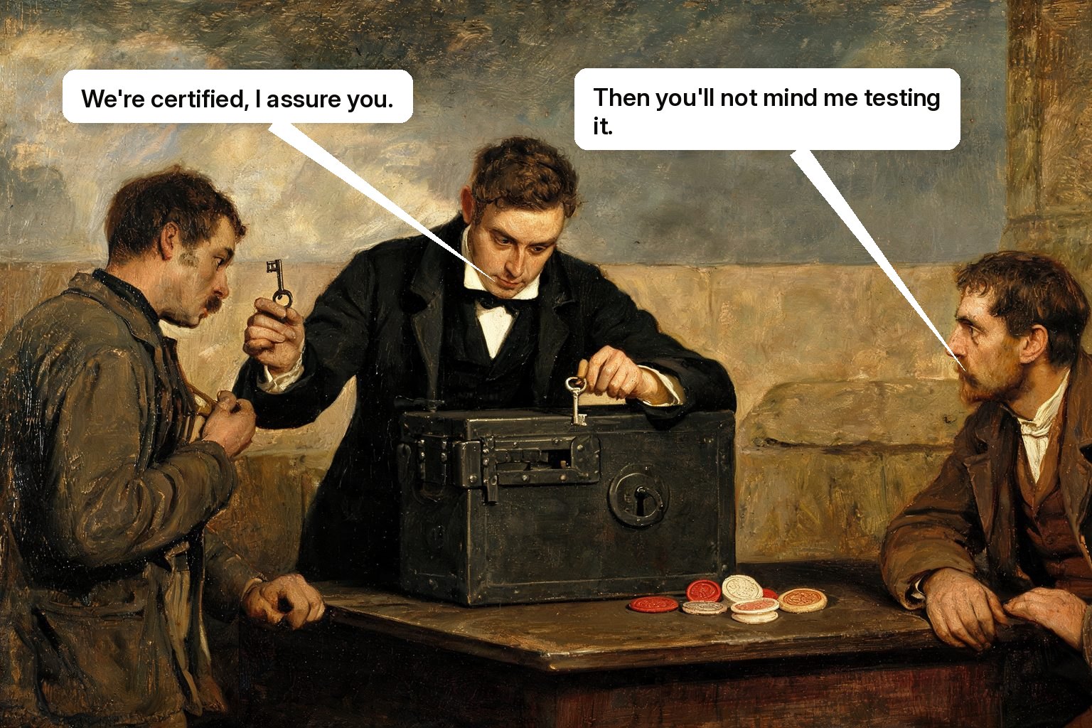 A guild inspector tests a vendor's strongbox lock, keys, and guarded access before approving it.