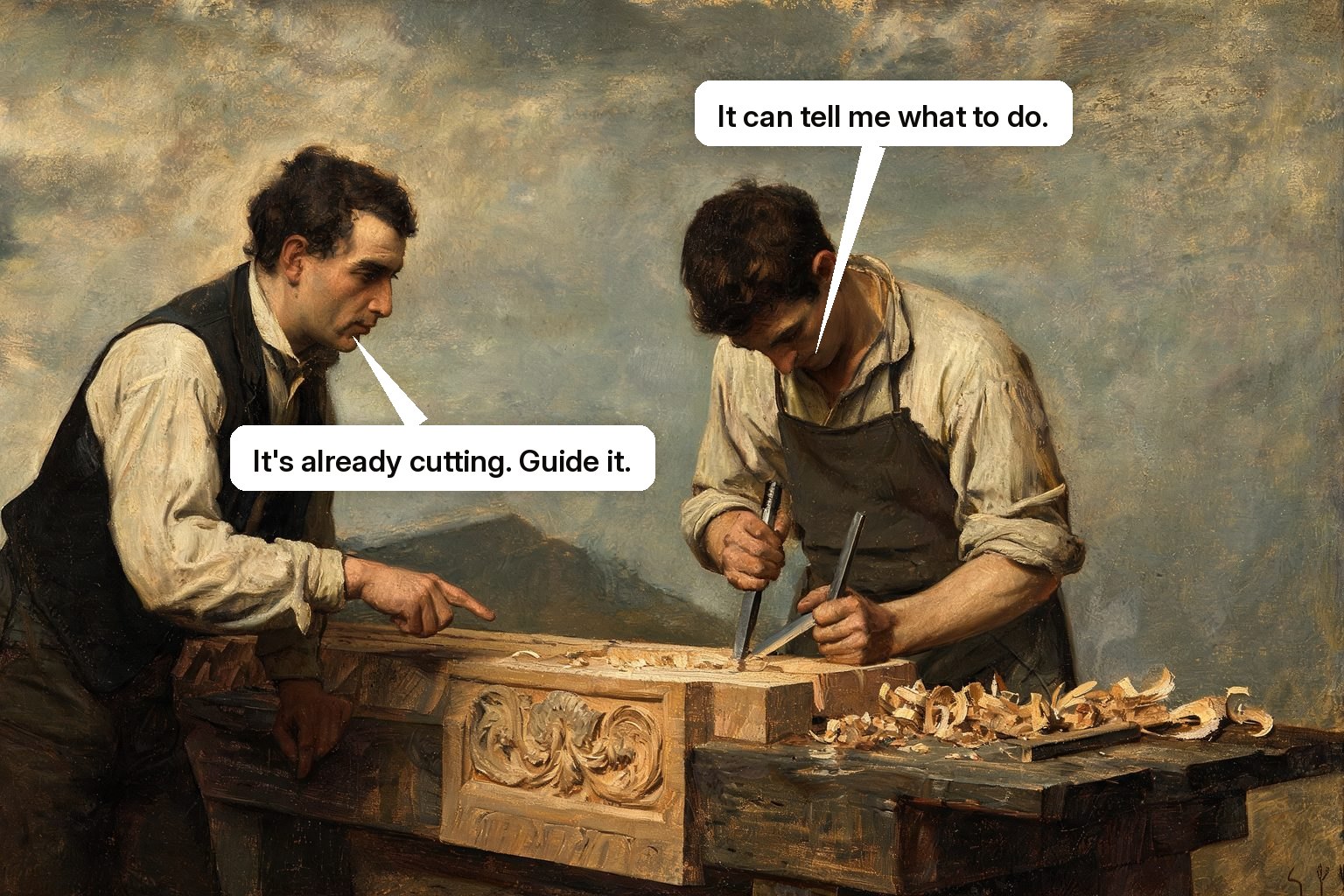 An assistant actively cuts a workpiece under human supervision instead of merely giving advice.