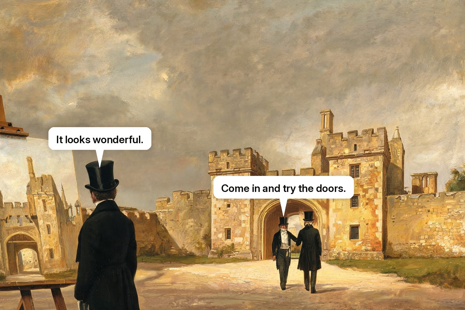 A visitor admires a painting of a castle on an easel while, to the right, a steward walks another visitor through that castle's open gate.