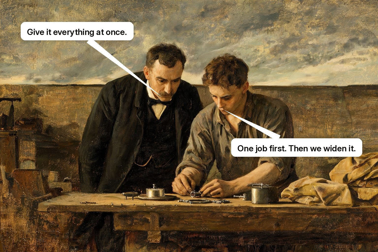 A manager supervises a new assistant on one small routine job before uncovering the harder work waiting nearby.