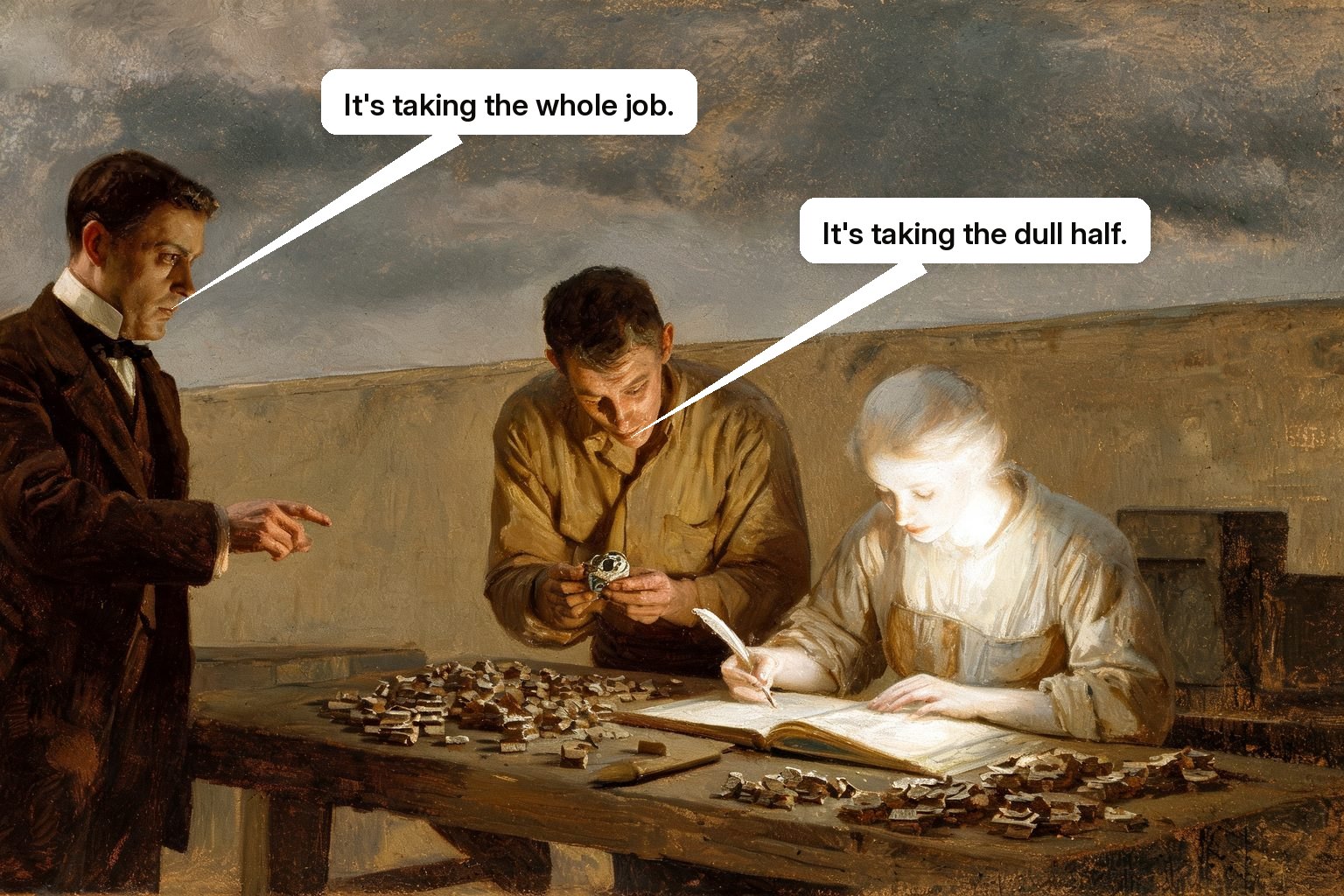 A luminous assistant handles routine work while a human employee makes the difficult judgement at the same bench.