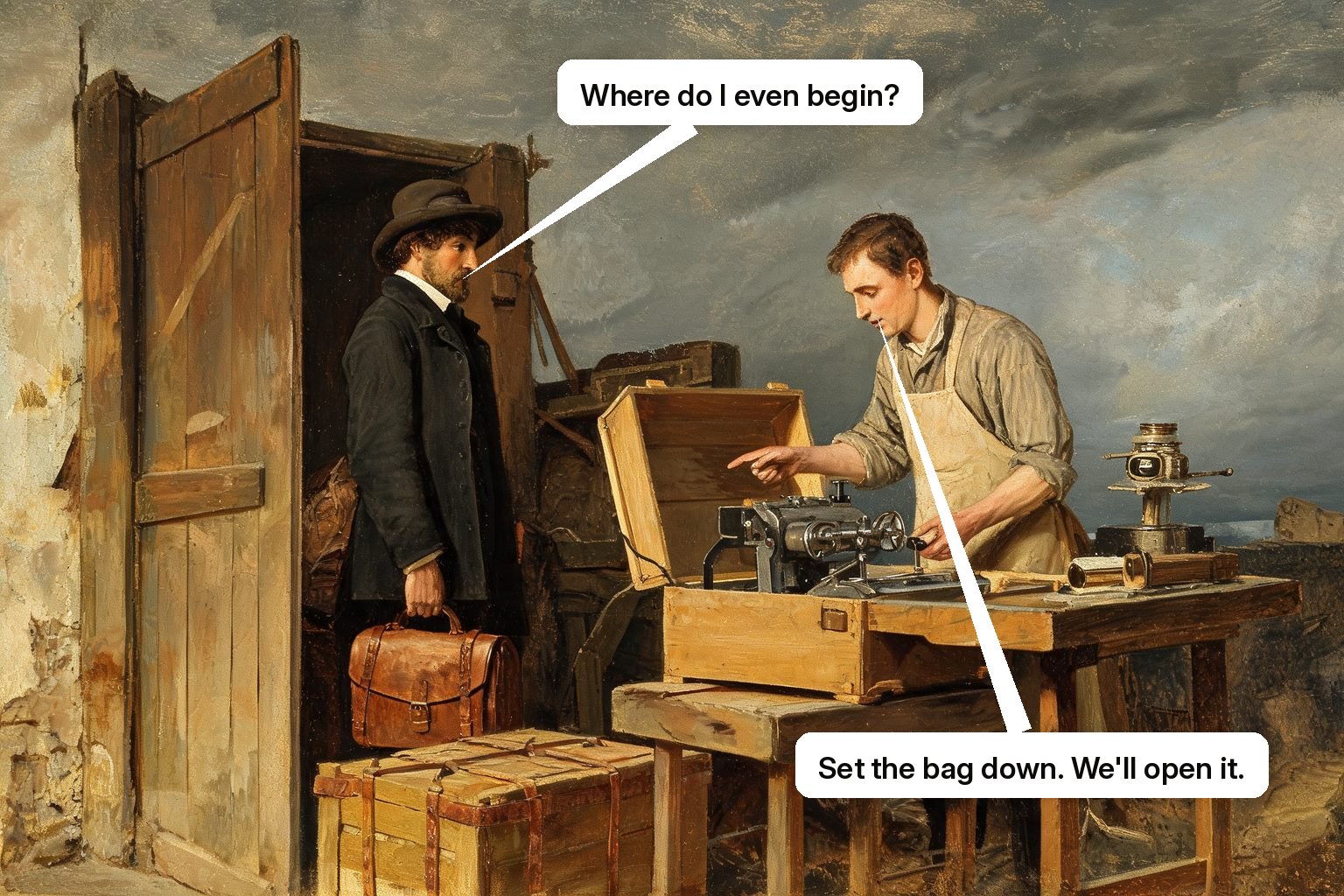 An onboarding assistant welcomes a new customer, opens the machine, and helps produce the first useful piece.