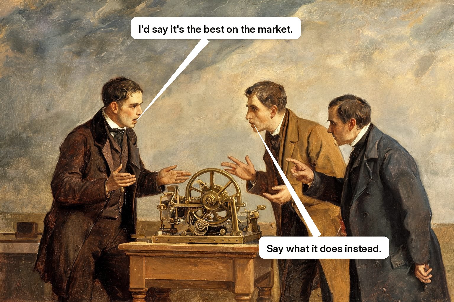 Two salespeople rehearse a product demonstration at a working machine while a coach corrects the explanation.