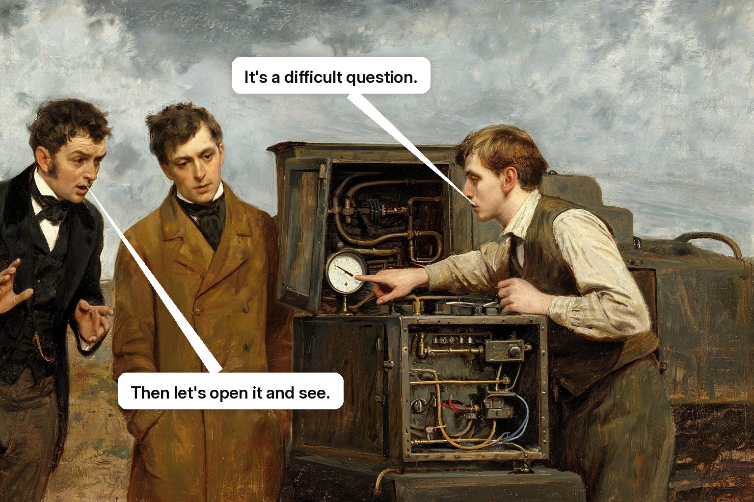 A sales-engineer assistant opens a machine, runs a technical test, and answers a buyer's difficult question during the demo.