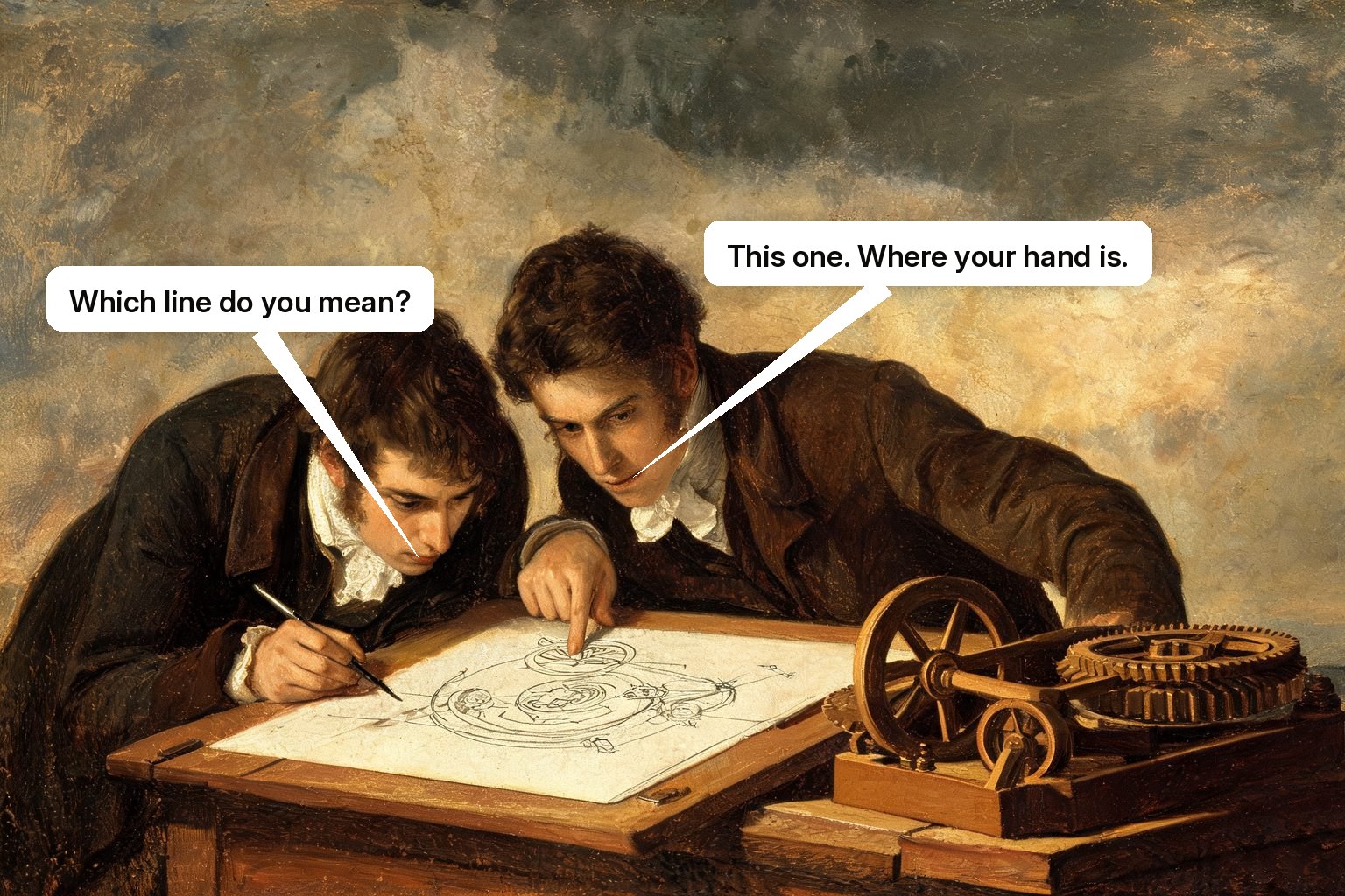 A user and assistant inspect the same drawing, with the assistant pointing from one mistaken line to the matching mechanism.
