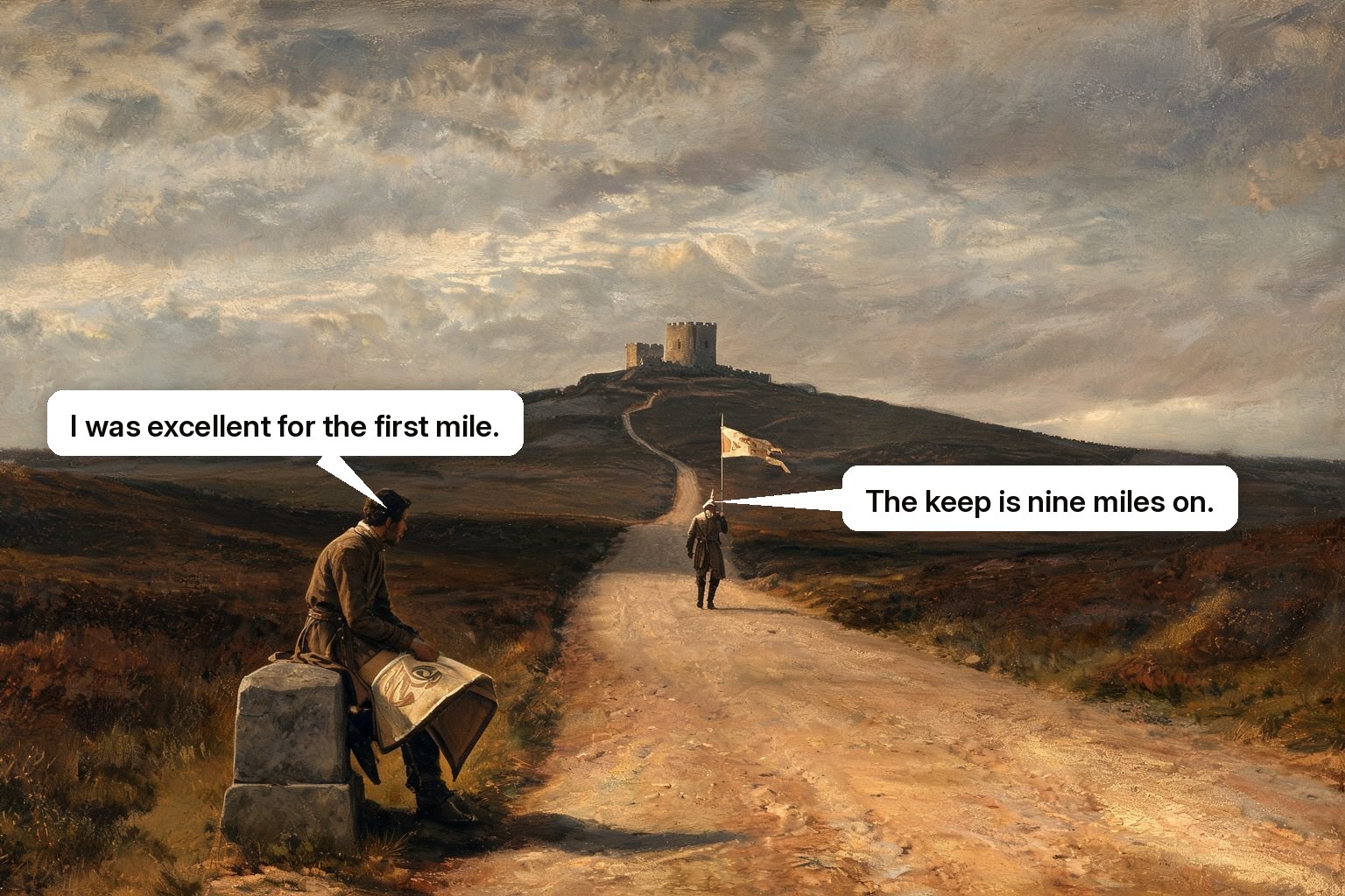 One banner-bearer rests at the first milestone with a furled banner while another walks on far ahead towards a distant keep.