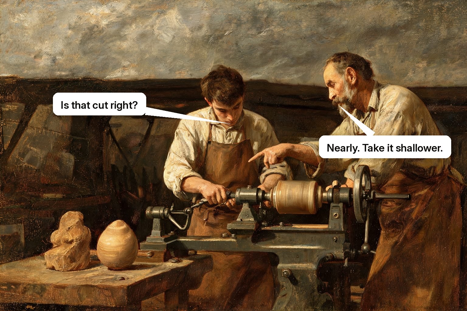 A master coaches an apprentice at a lathe, with the rough attempt and improved finished piece visible together.