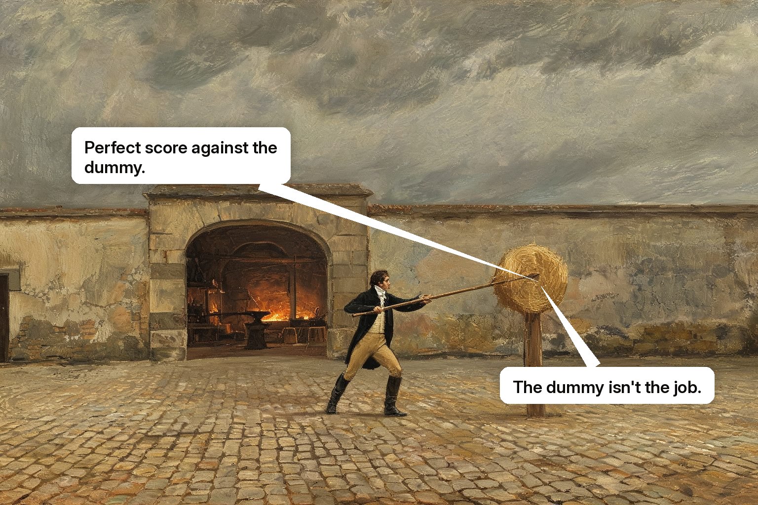 A squire strikes a straw practice dummy in an empty courtyard while the real forge works on beyond an archway.