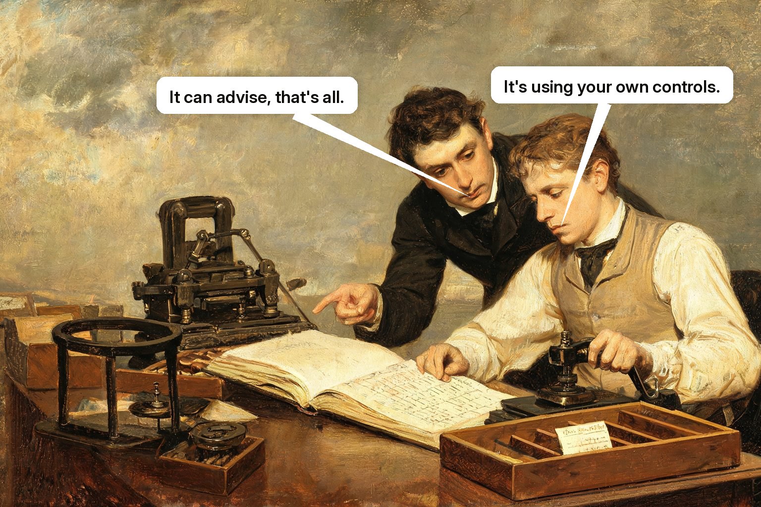 An assistant operates a clerk's ledger and order press to complete a task while the clerk supervises.