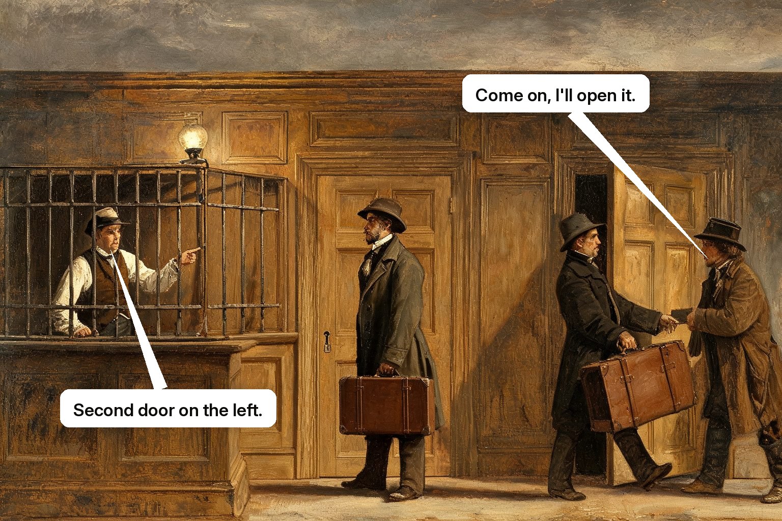 One clerk only gives a traveller directions while a live assistant carries another traveller's trunk and unlocks the door.