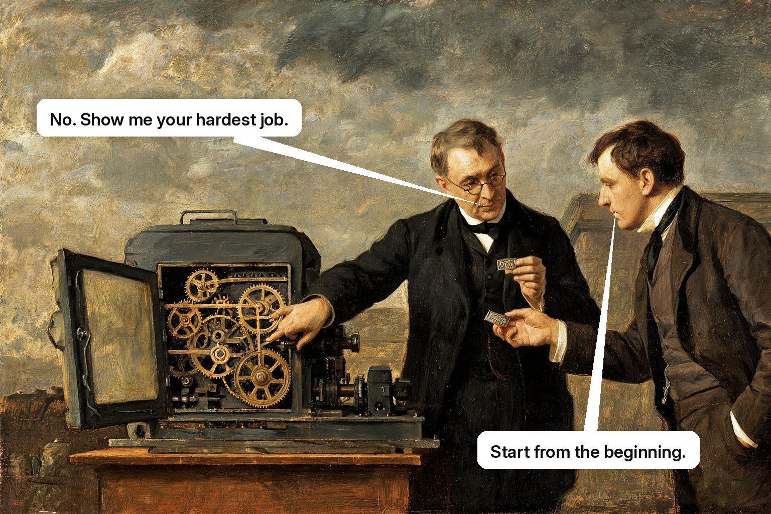 An expert demonstrates one buyer-relevant path through a complex open machine and hands over the successful output.