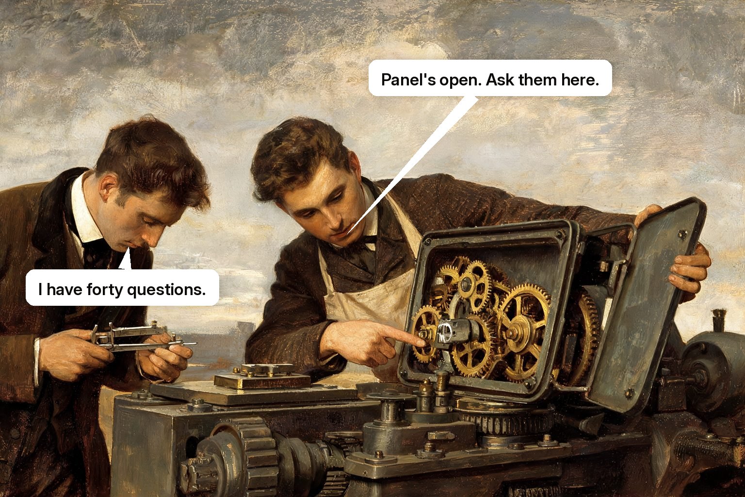 A technical buyer measures a real test result while an engineer exposes the machine's workings and security controls.