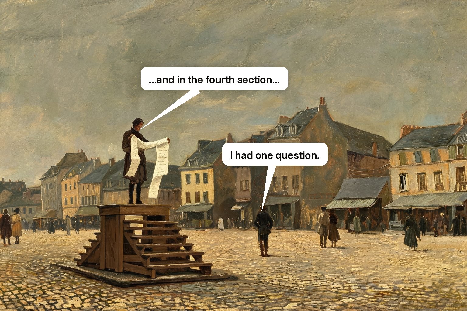 A herald reads a long scroll to an emptying market square while one person at the edge holds up an unanswered hand.