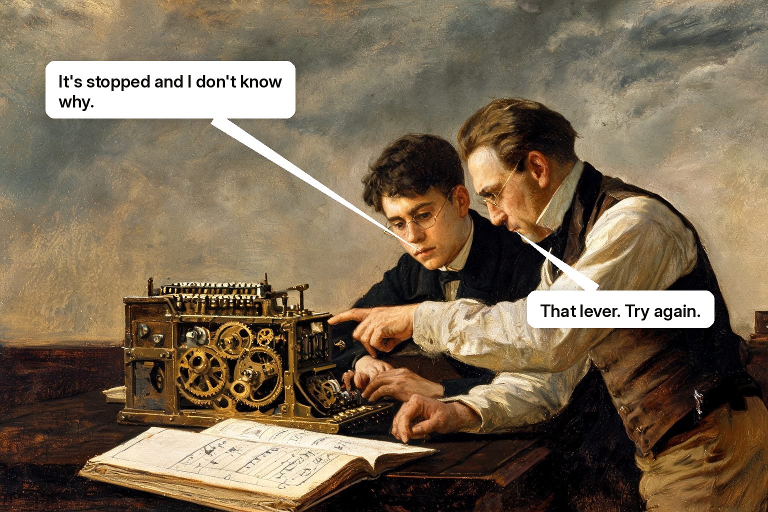 A workplace trainer helps a new clerk restart a stalled task on an unfamiliar calculating machine.