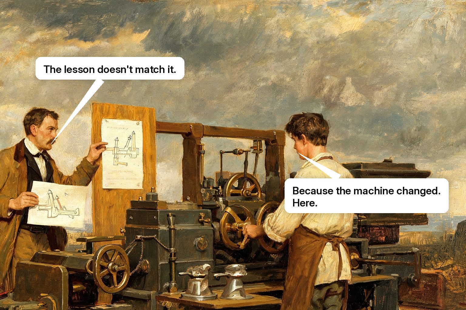 An instructor replaces an obsolete machine lesson with an updated diagram as a learner completes the corrected task.