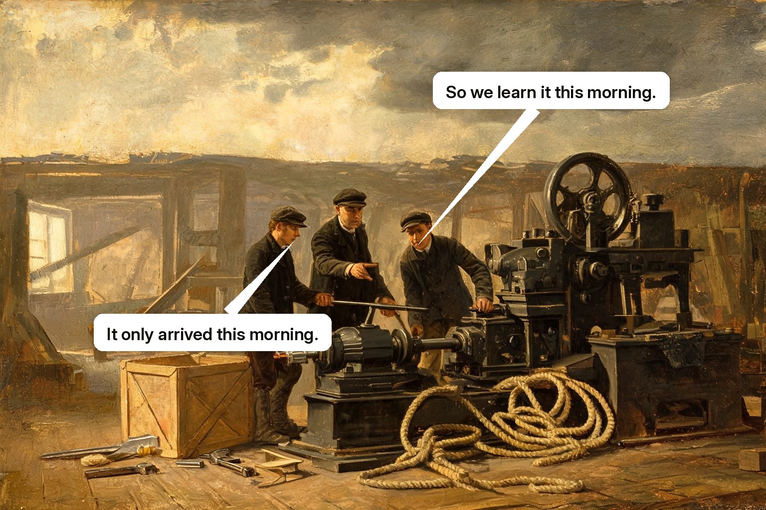 A foreman trains two workers on a newly installed machine as it produces its first finished part.