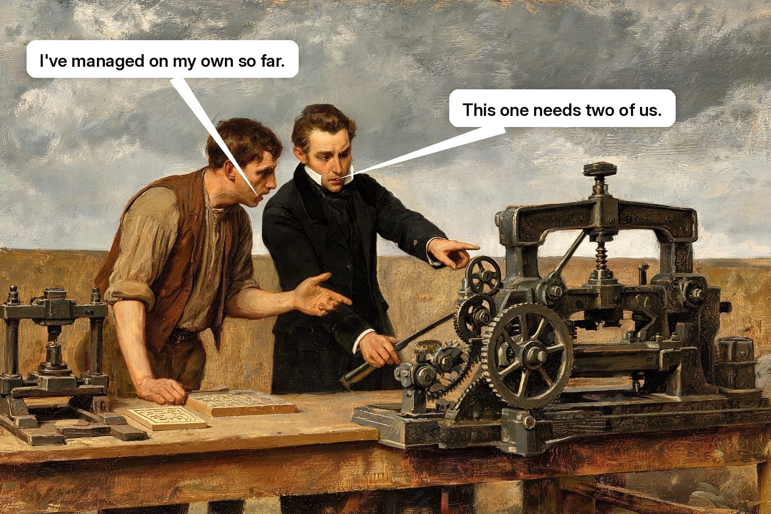A sales specialist joins a self-service customer exactly when a more complex job exceeds the basic machine.