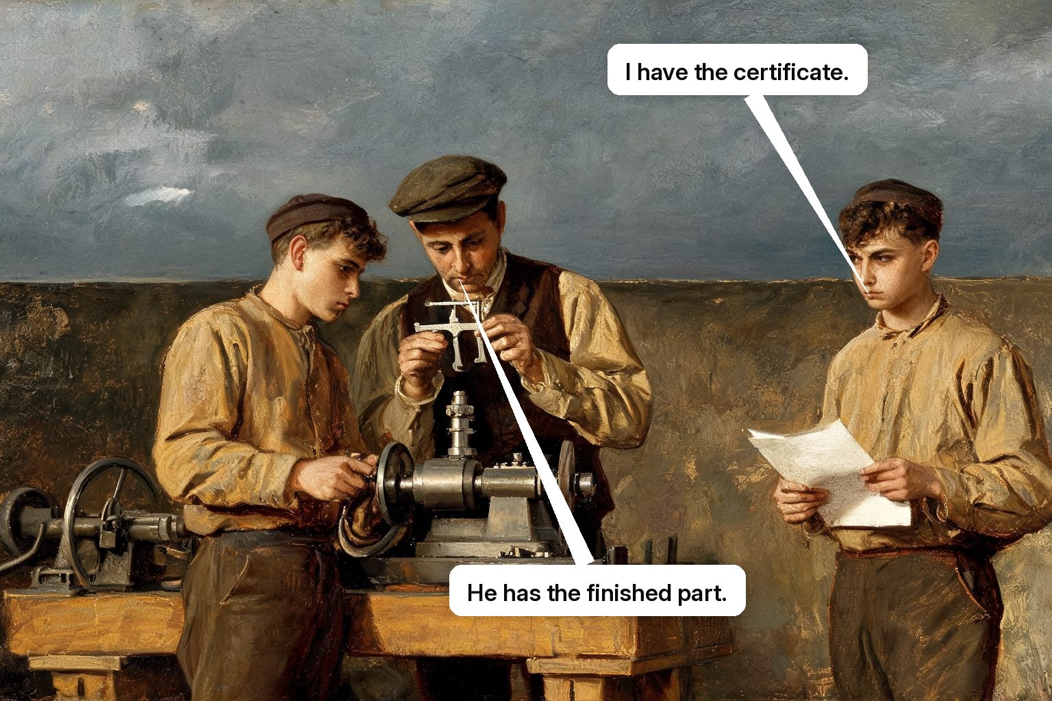 An examiner measures a trainee's finished work while another trainee holds a certificate but remains unable to start the machine.