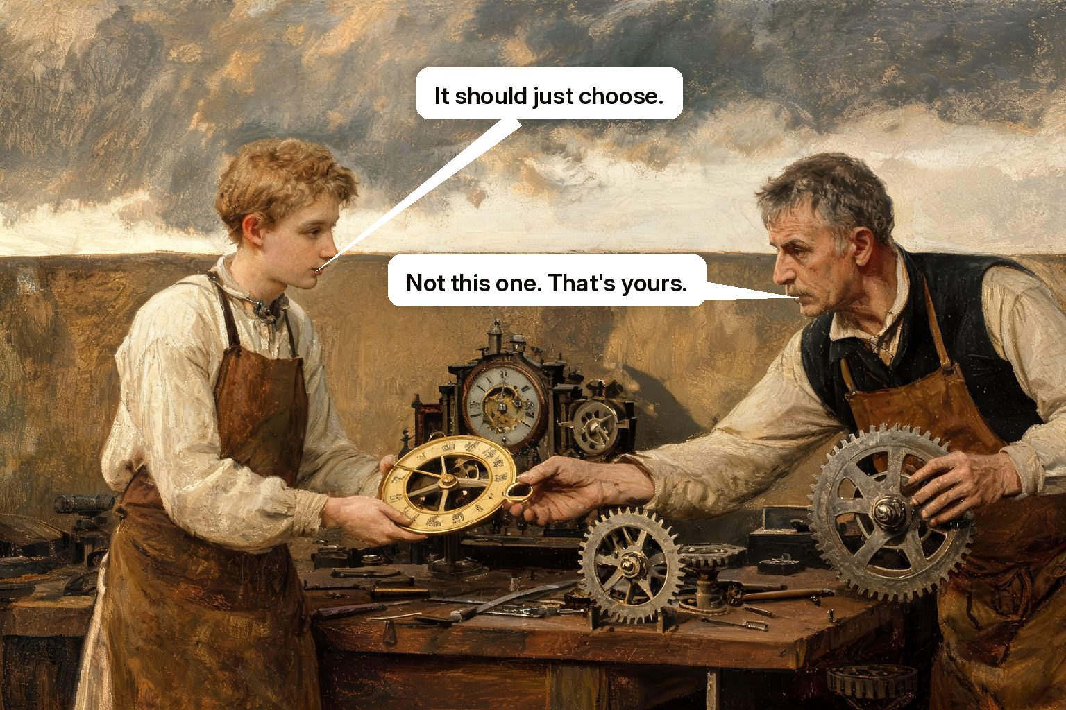 An assistant pauses at an ambiguous repair and hands the final decision to a human master before continuing.