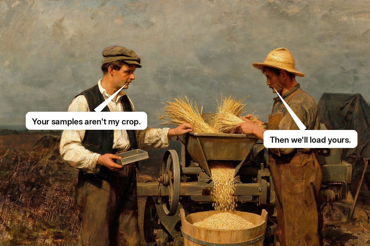 A guide configures a general machine around a farmer's real materials and workflow for an industry-specific demo.
