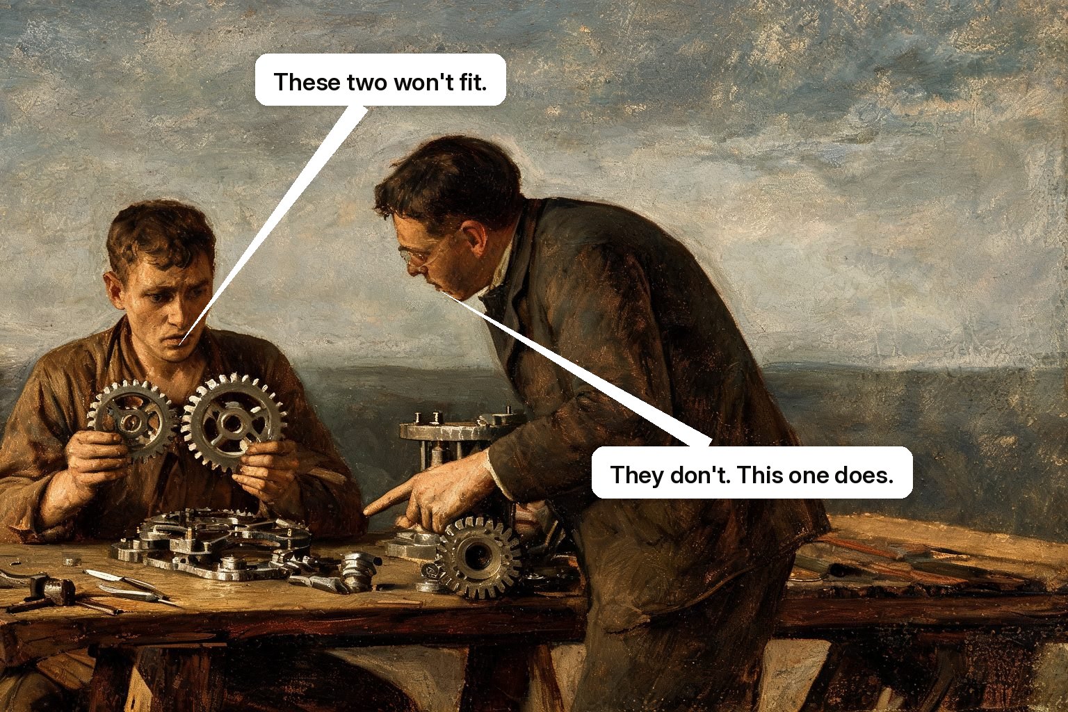 An instructor arrives at the moment a worker finds two parts do not fit and points to the correct piece.