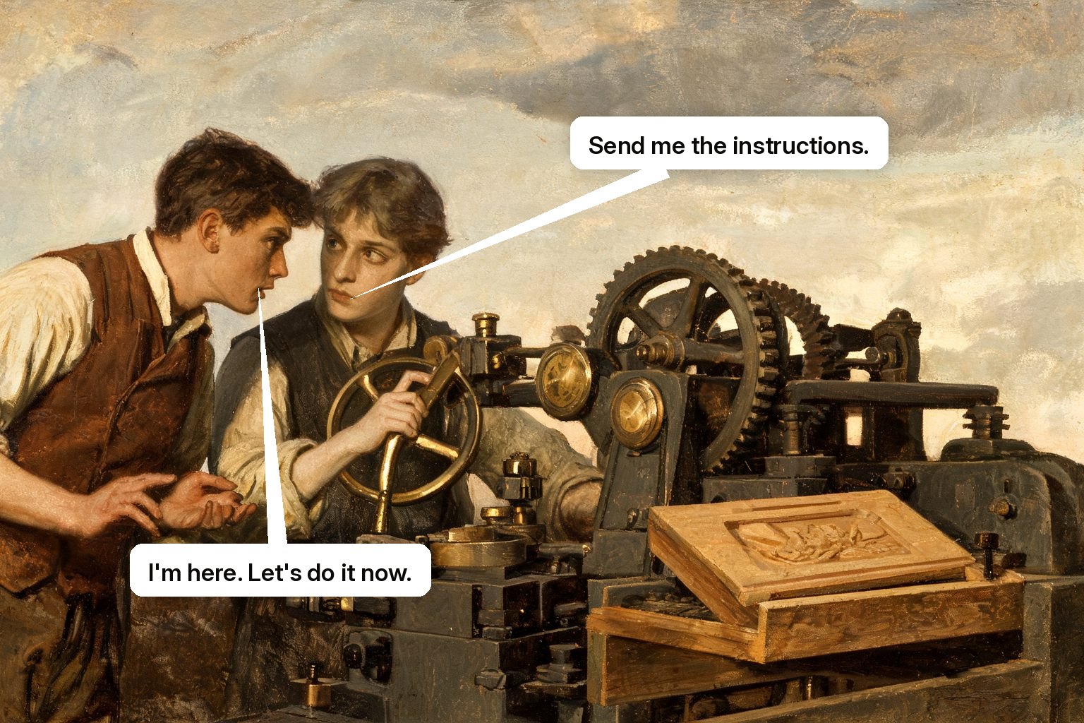 A live assistant watches the same machine, answers the user, and turns the needed lever to finish the task.