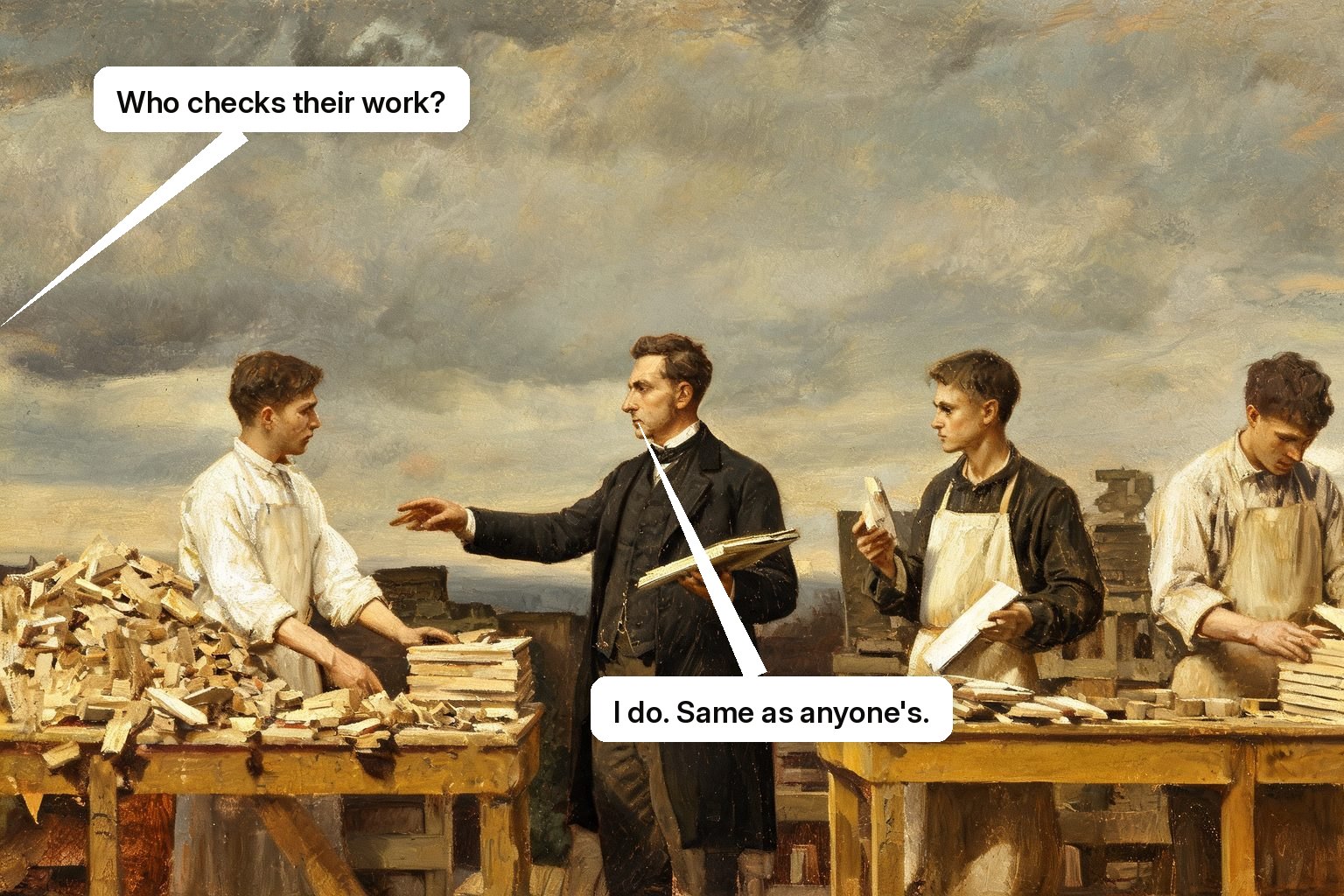 A manager reviews three assistants' work, reassigns one task, and sends an uncertain case to a human specialist.