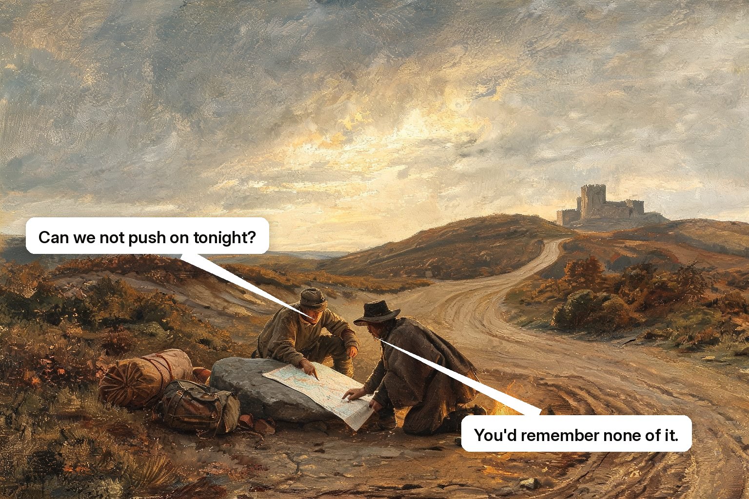 A guide marks a map at a roadside camp at dusk while the road continues over hills towards a distant keep.