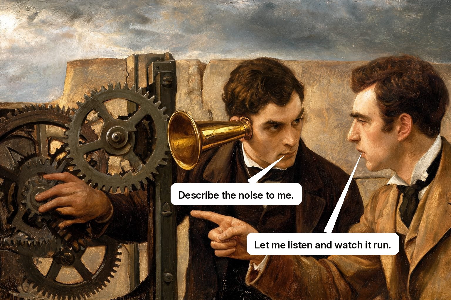 A guide watches, listens to, and feels a faulty mechanism before pointing the customer to the precise repair.