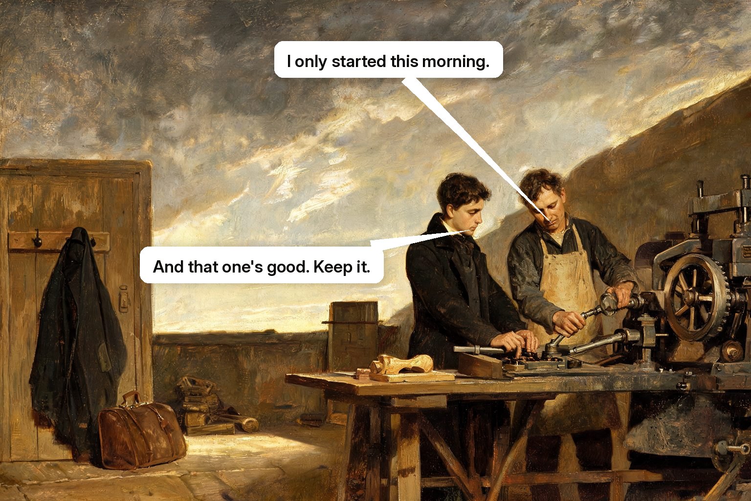 A newly arrived employee completes a first useful piece at an unfamiliar machine with an experienced colleague beside them.