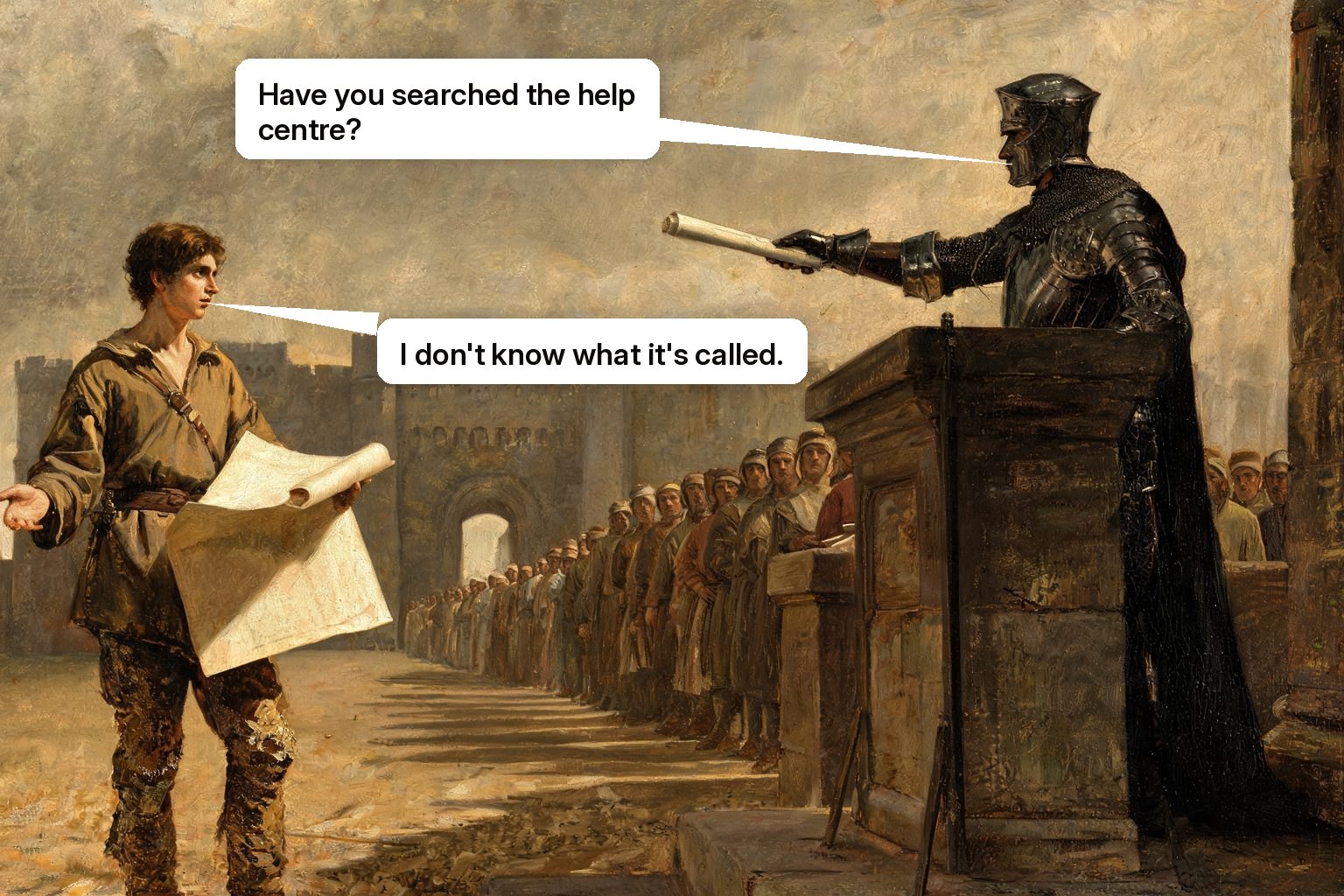 A mud-spattered traveller holding a blank map raises a hand to ask a question while an official on a dais holds out a rolled scroll without looking down, a long queue behind him.