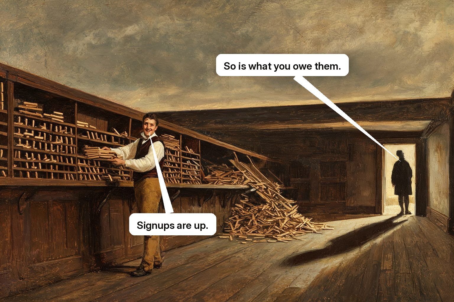 A clerk adds tally sticks to a shelf whose far end has collapsed under the weight of older ones, as a long shadow falls through the doorway.