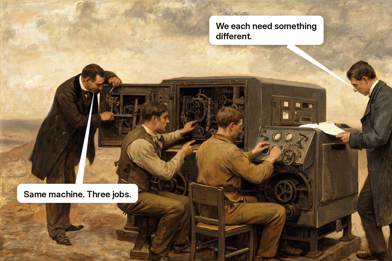 An onboarding guide coordinates an administrator, end user, and manager around one newly installed machine.