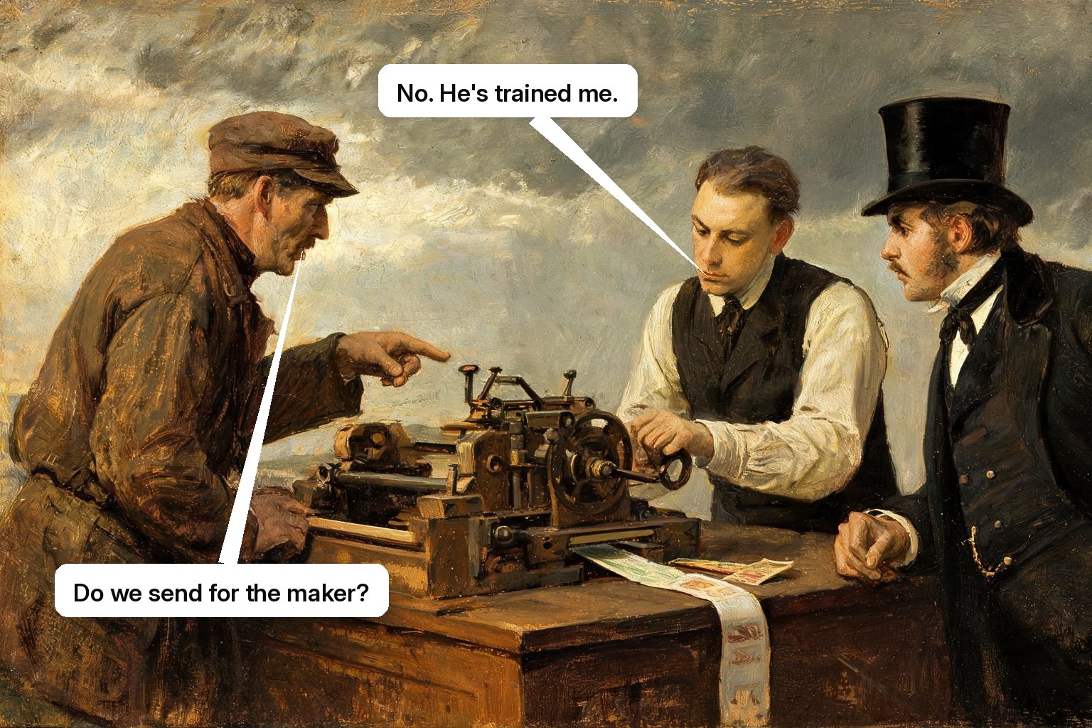 A manufacturer watches a trained dealer successfully demonstrate the machine to a customer.