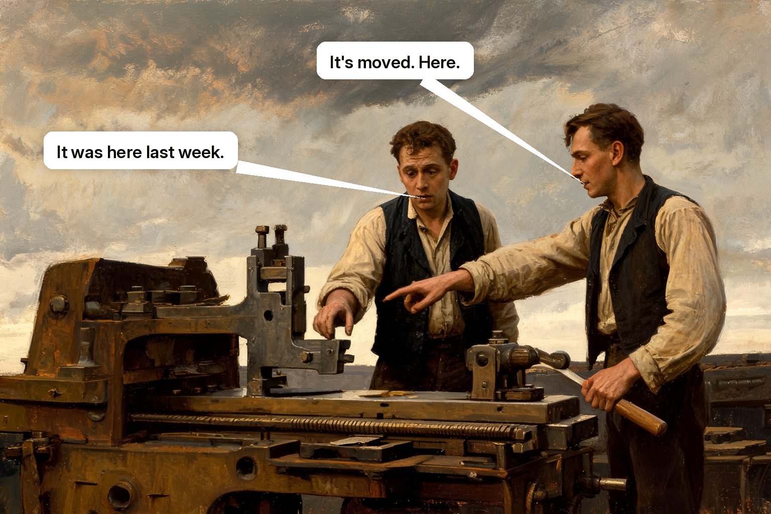 A guide helps an experienced user find a moved control and complete a familiar task on a redesigned machine.
