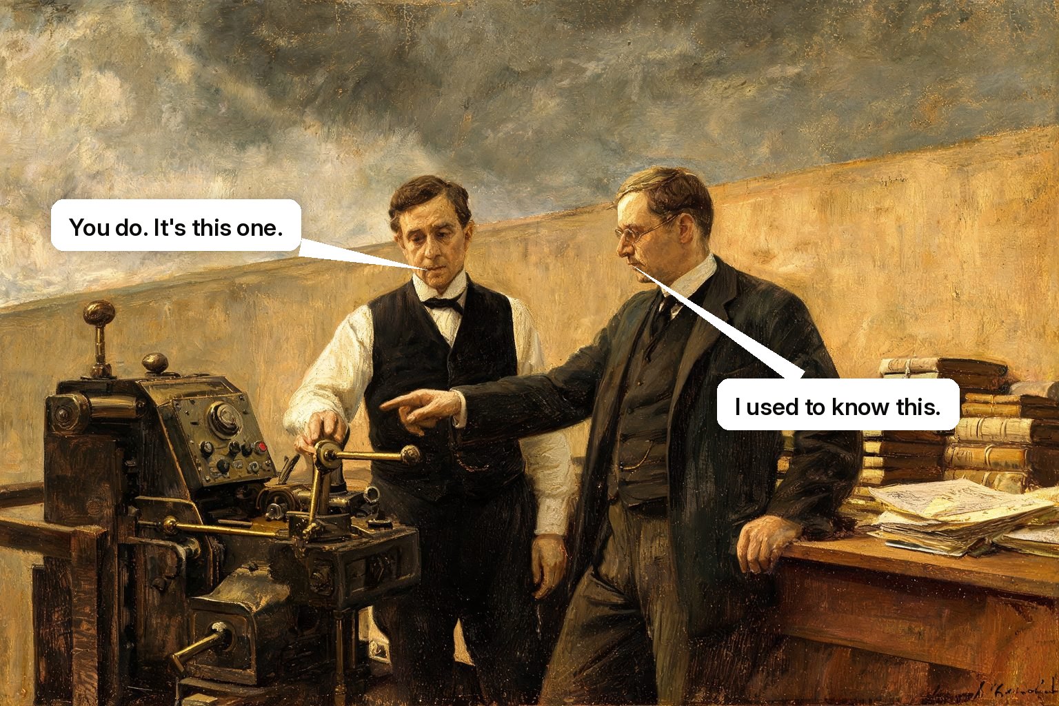 A trainer gives an experienced clerk a quick reminder at a once-familiar machine so the task can resume.
