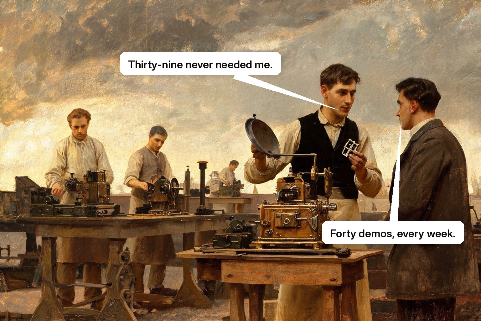 Assistants handle standard demos while one sales engineer gives full attention to a complex buyer request without a queue.