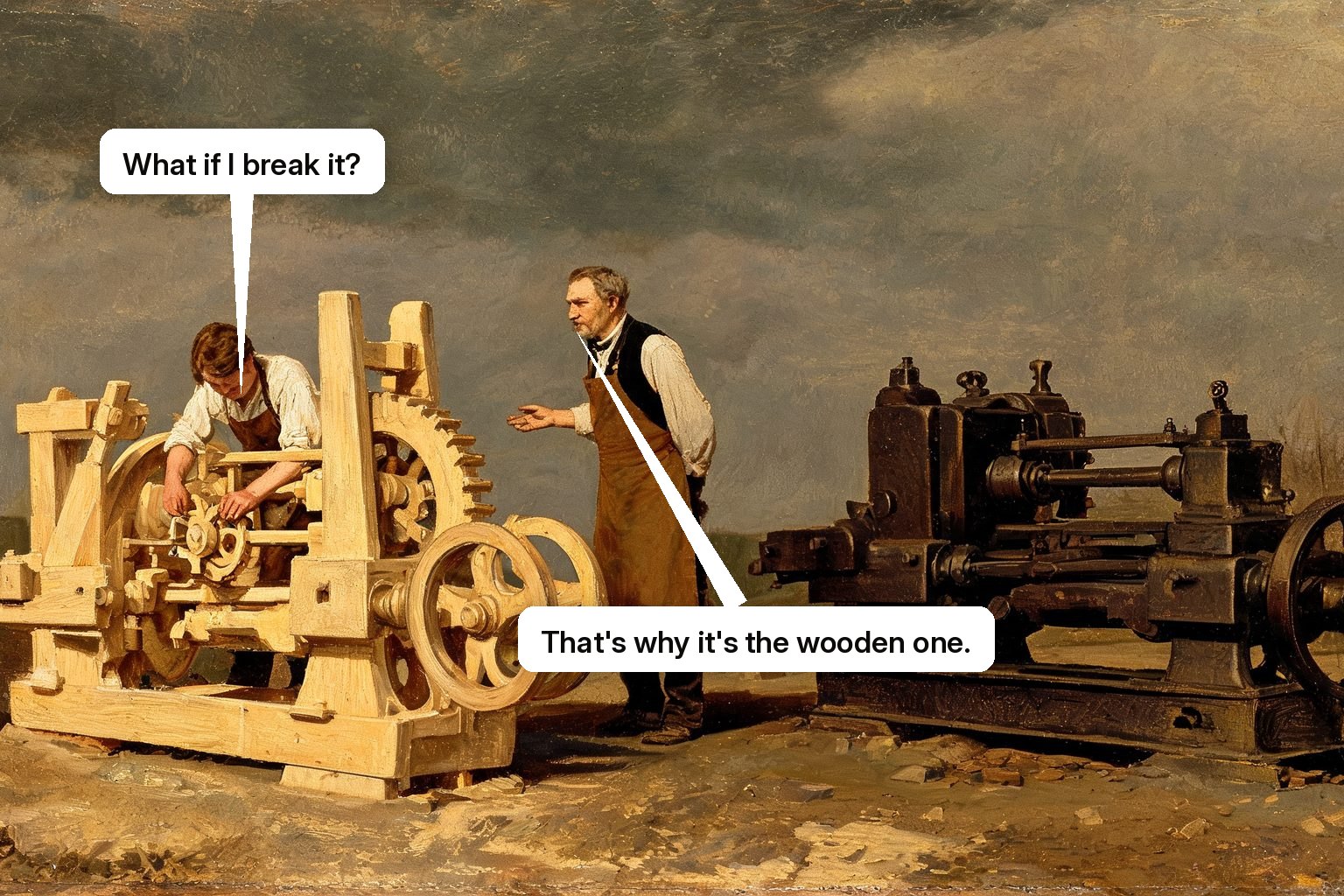 An apprentice safely practises and corrects a mistake on a wooden duplicate of a real iron machine.