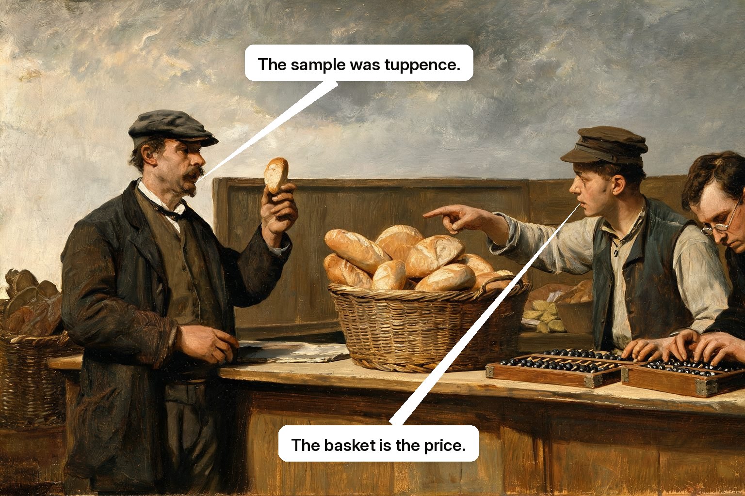 A buyer sees a small entry sample while a clerk calculates the much larger basket and fittings actually required.