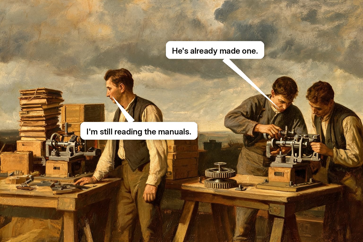 One customer waits among manuals while another immediately produces a useful result with hands-on guidance.