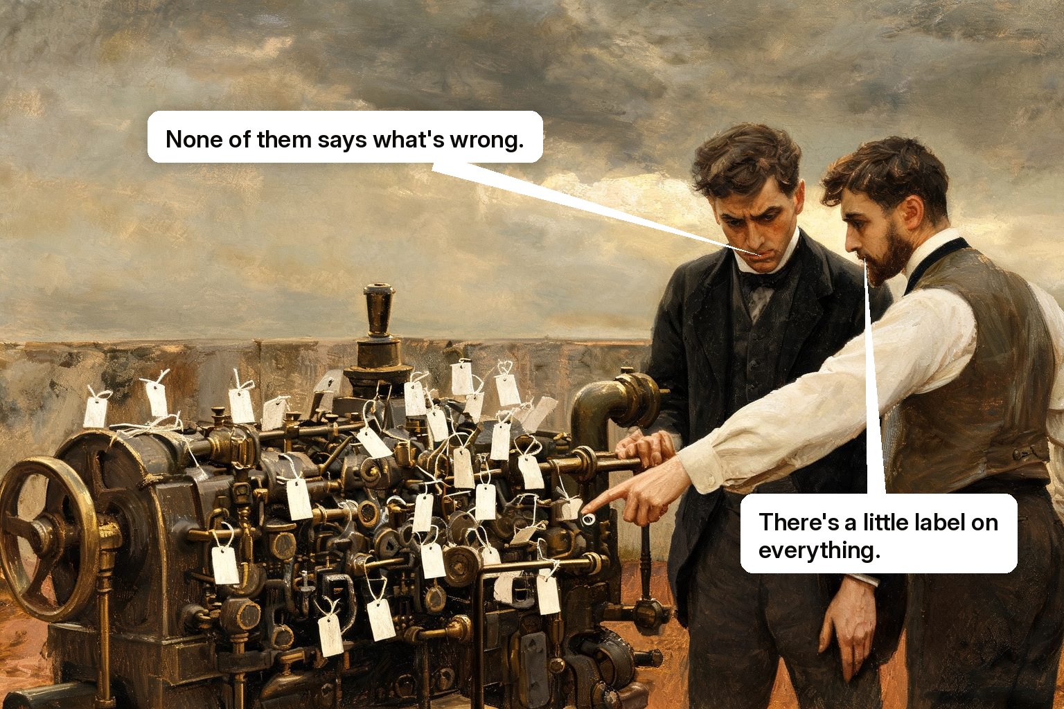 A guide solves a customer's machine problem directly while many tiny instruction tags fail to help.