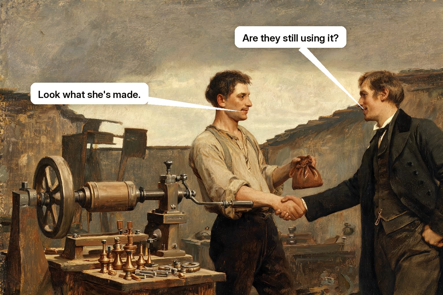 A confident, trained customer renews with the merchant beside the machine and the successful work it produced.