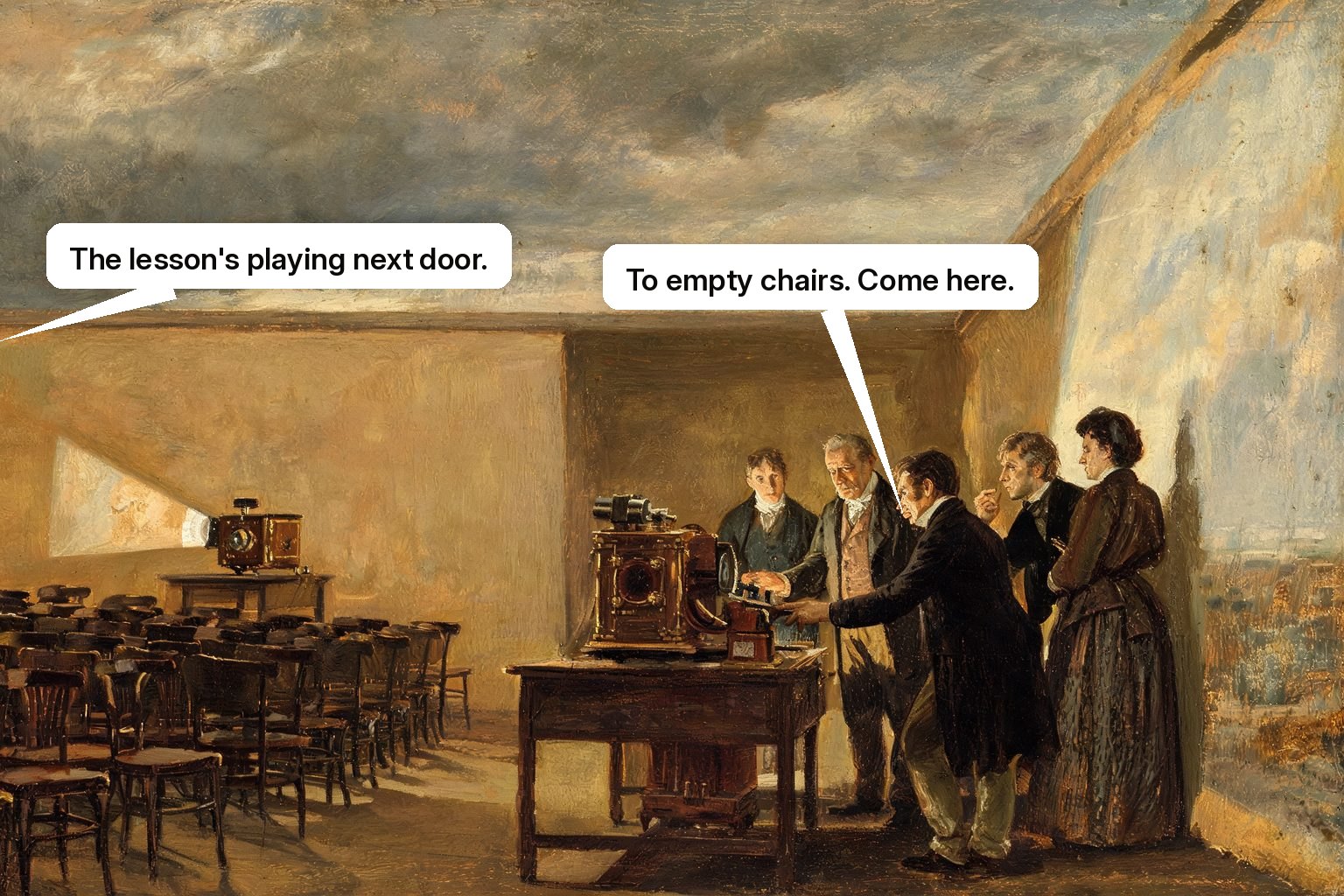 Learners ignore an unattended projected lesson and gather around a live hands-on machine demonstration instead.