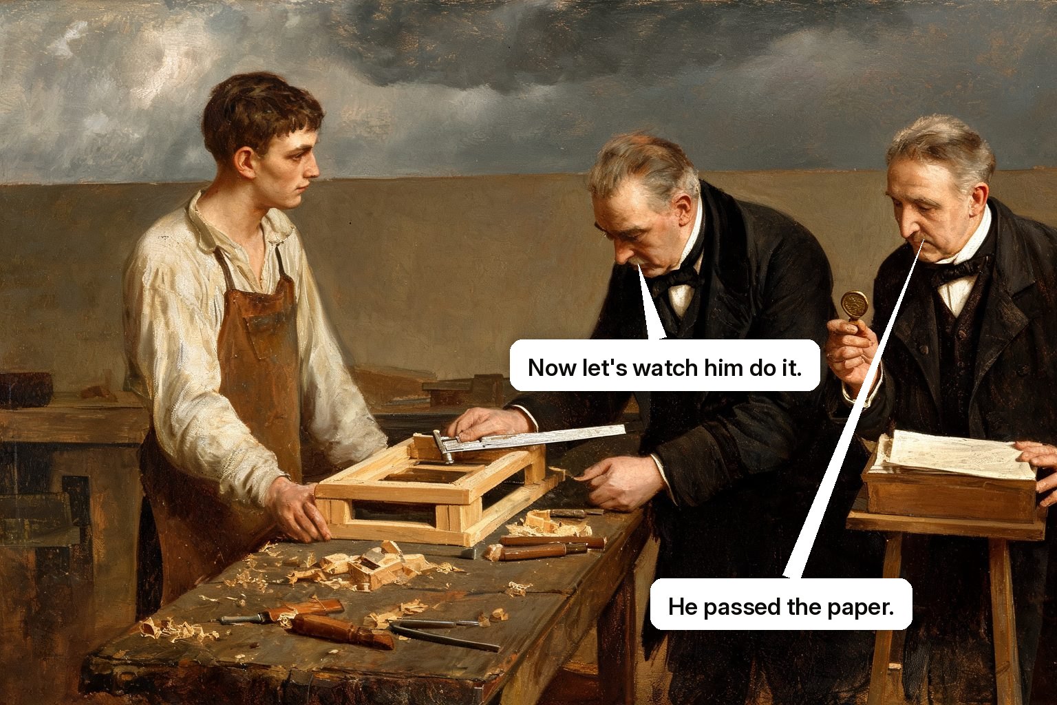 Guild examiners measure a candidate's finished work before awarding a certification seal.