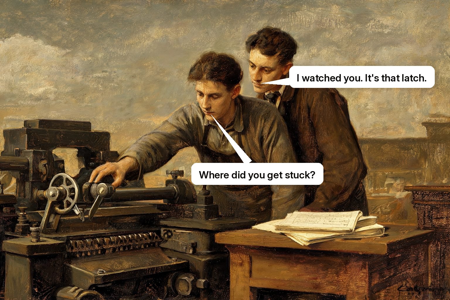 An observer sees a user repeatedly reach for the wrong machine latch while a questionnaire lies unused nearby.
