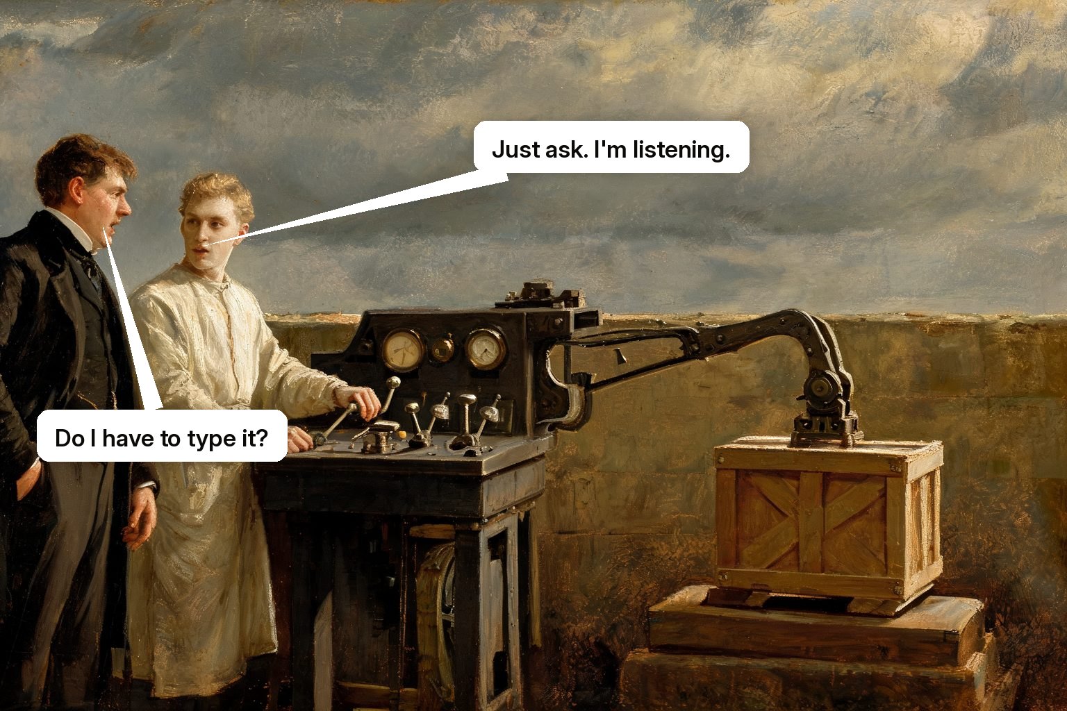 A user speaks a request and an assistant immediately operates the machine to produce the requested result.