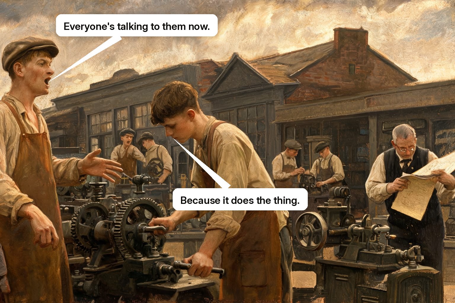 A worker speaks naturally to an acting assistant as nearby workshops adopt the same voice-controlled way of working.