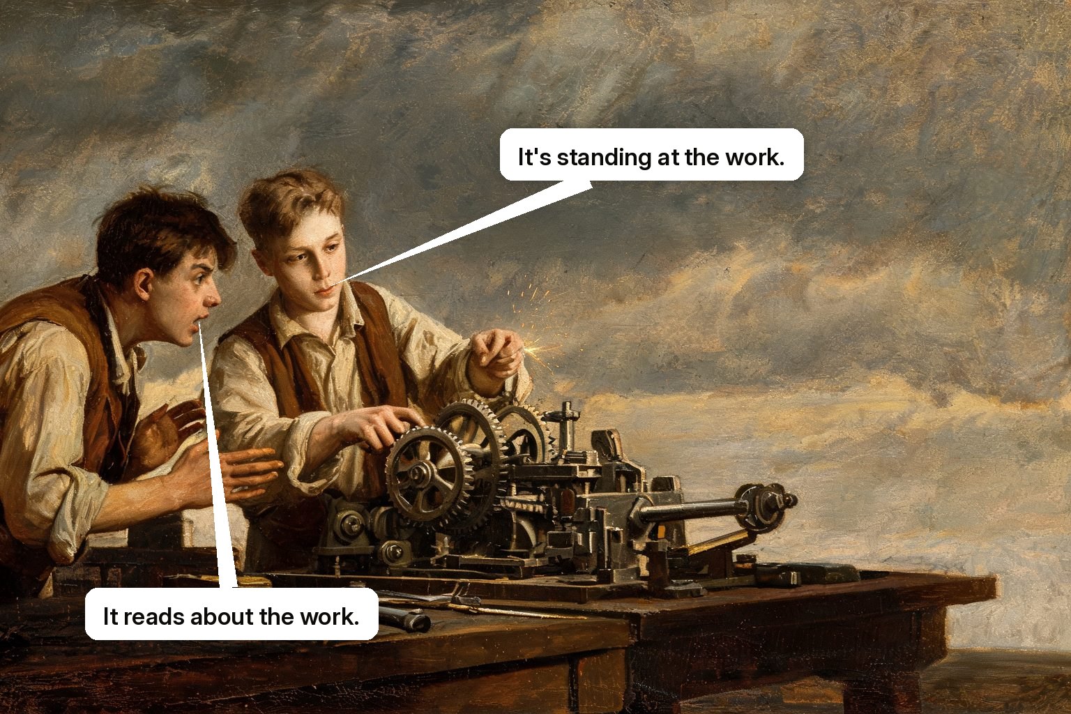 A live assistant sees a user's stalled mechanism, explains the problem, and operates the correct tool to restart it.